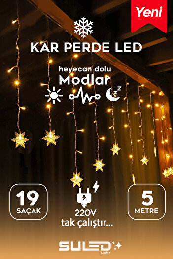 SULED Kar Tanesi 5 Metre Modlu Perde Led Işık 19 Saçak Gün Işığı 220V Fişli Dekoratif İç & Dış Mekan