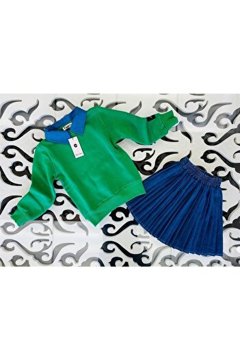 Marka Sensin Kids Girl's Jeans Collar Raised Sweatshirt Pleated Denim Skirt Set of 2