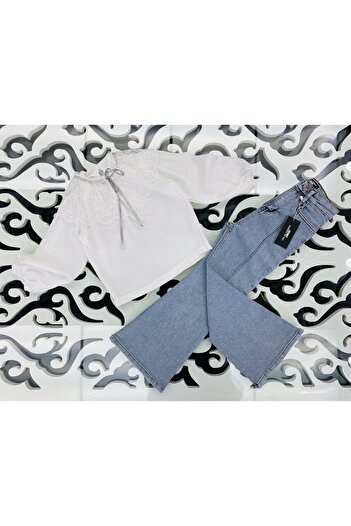 Marka Sensin Kids Girl's Mobile Lace Collar Shirt Jeans Trousers 2-Piece Set