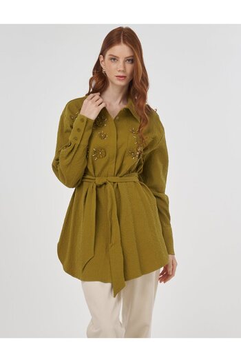 Kayra Belted Seersucker Tunic Khaki