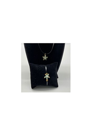 CHIC Blue Flower Pearl Gold Figure Black String Necklace and Bracelet Set