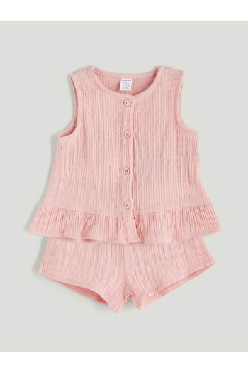 LC Waikiki Musselin-Babybluse und Shorts mit Rundhalsausschnitt für Mädchen, 2er-Pack