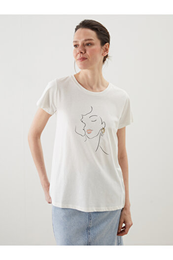 LC Waikiki Bedrucktes Damen-T-Shirt mit Rundhalsausschnitt