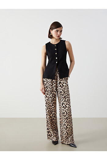 LC Waikiki Elastic Waist Leopard Patterned Linen Blended Women's Trousers