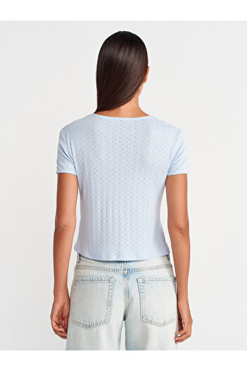 Dilvin 31795 Bow Detailed Short Sleeve Contrast T-Shirt-Light Blue