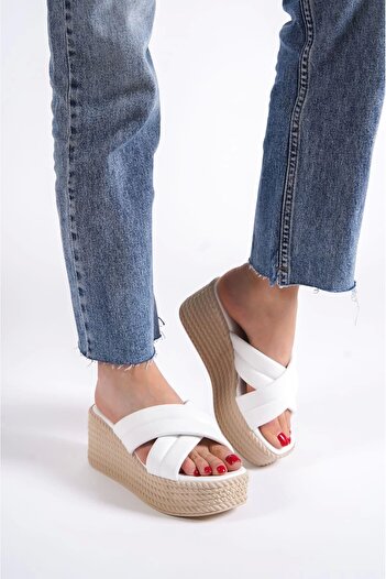 Joy Ayakkabı Joymix Wedge Heeled Orthopedic Sole Straw Look Women's Slippers Ckt - White
