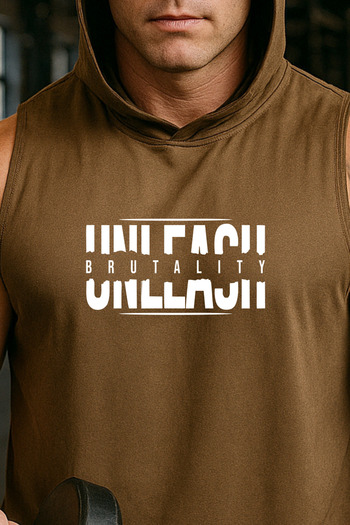 BESSA Brown Hooded Athlete Unleash Printed Oversize Cotton Fabric Fitness Men