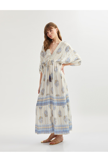 Koton Ethnic Patterned V Neck Bat Sleeve Viscose Beach Dress