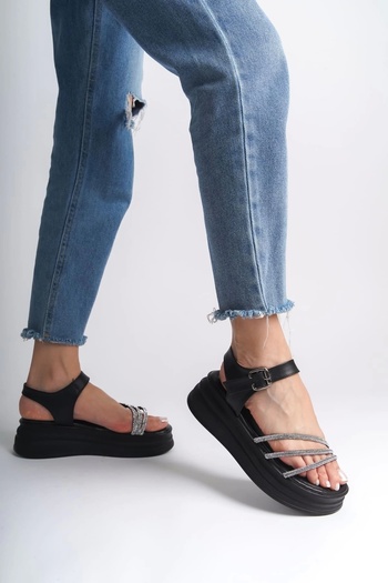 Joy Ayakkabı Eva Thick Buckle Stone Striped Orthopedic Sole Women's Sandals Cst - Black