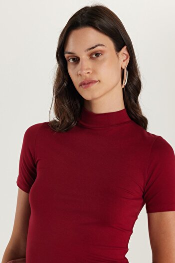 Tudors Women's Standard Fit Short Sleeve Half Turtleneck Burgundy Blouse