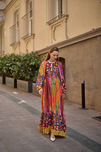 BZ BUTİK Vintage Pattern Viscose Hijab Dress