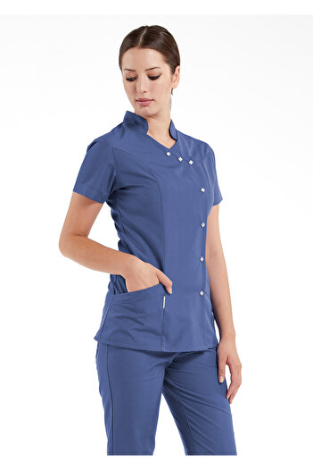 Alsancak Üniforma Luxe Flex Storm Blue Lycra Țesătură flexibilă subțire Tricou pentru medic și costum pentru asistentă