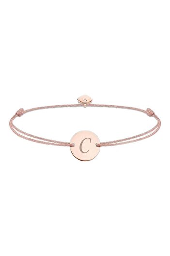 dalimag Adjustable bracelet with round pendant and heart, rose gold, engraved letter C, beige cord