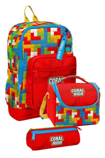 Coral High Primary School Triple School Starter Bag Set - Red Building Blocks, Boys