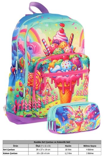 KAUKKO Kids Layer Girl's School Bag + Pencil Bag Set (Red Blue - Ice Cream)
