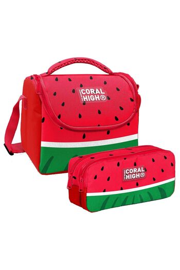 Coral High Boy's Red Green Watermelon Thermo Lunch Box and Two Compartment Pen Holder Set