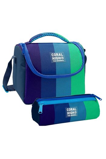 Coral High Boy's Navy Blue Green Colored Striped Lunch Box and Three Compartment Pen Holder Set