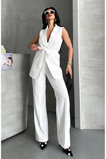 pembekurdelem Women's Shawl Collar and Belted Vest Pants Suit White
