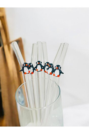 nazarboncuğu Glass Transparent Straw Sustainable Penguin Figured 6-Piece Glass Straw