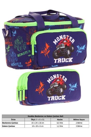 KAUKKO Lunchbox and Pencil Bag Set - Boy - Green Navy Blue Monster Truck