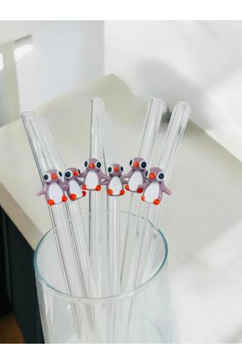 Genel Markalar Cam Şeffaf Pipet Sürdürülebilir Penguen Figürlü 6 lı Cam Pipet