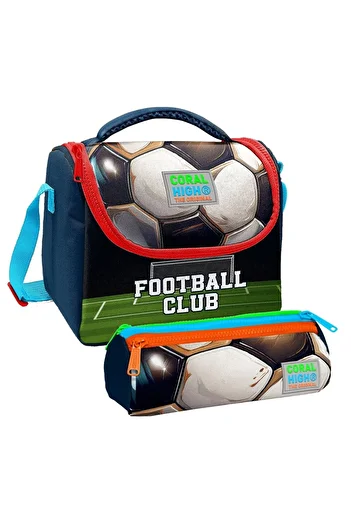 Coral High Boy's Navy Blue Green Football Thermo Lunch Box and Three Compartment Pen Holder Set