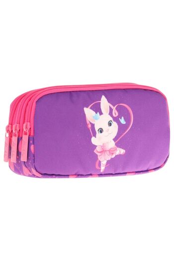KAUKKO Kids Fuchsia Purple, Heart Rabbit, Girls' Three-Eye School Pencil Bag - L8246