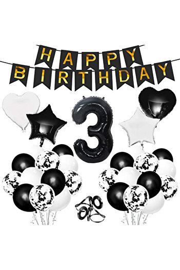 Gxhong number 3 birthday set, black/white, latex/foil, 32 pieces