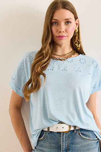 Olalook Women's Light Blue Fisto Detailed Bat Blouse Blz-19002587
