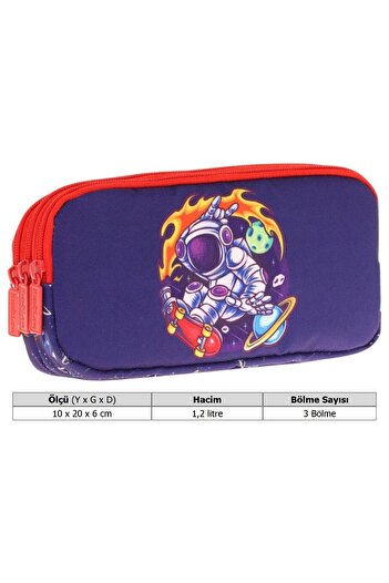 KAUKKO Kids Kırmızı Lacivert, Astronot, Erkek Çocuk Üç Bölmeli Okul Kalem Çantası - L8267