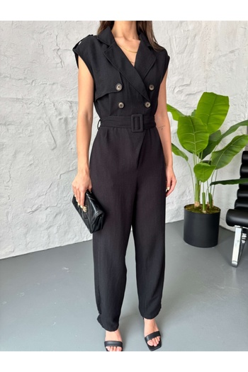 Elif Özbey Butik Black Four Button Linen Jumpsuit