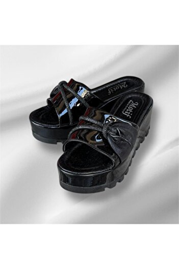 İpek Silk Women's Black Patent Leather Wedge-Heeled Stone Platform Soft Orthopedic Sole Slippers