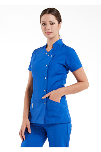 Alsancak Üniforma Luxe Flex Saks Blue Lycra Țesătură flexibilă subțire Set de uniforme pentru medic și asistentă
