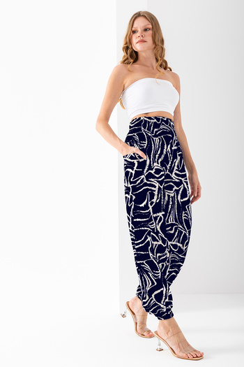 GİYSA Women's Mosaic Patterned Double Pocket Shalwar Trousers Navy Blue - 2460