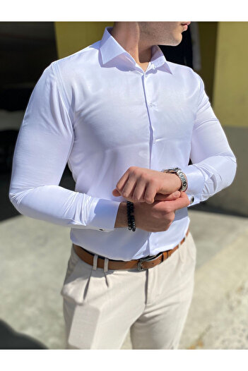 nightblack Slimfit Slim Fit χωρίς τσέπη Μακρύ μανίκι Φωτεινό λευκό βαμβακερό σατέν εύκολο στο σιδέρωμα που μπορεί να σιδερώσει