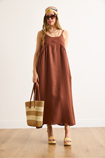 Olalook Γυναικείο Καφέ Φόρεμα Πλεκτό Maxi Muslin ELB-19002481
