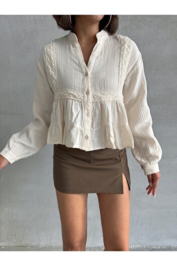 BEJNA Women's Beige Lace Detailed Muslin Shirt