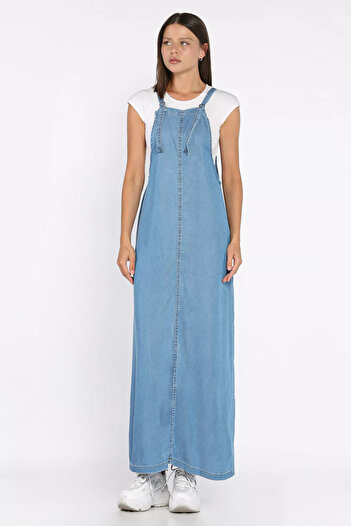 julude Μπλε γυναικείο φόρεμα Jean Denim Gilet με ρυθμιζόμενο λουράκι