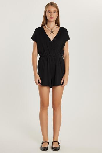 Tudors Women's Regular Fit Short Sleeve V Neck Black Jumpsuit