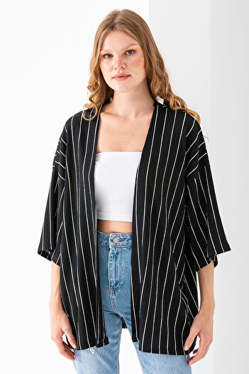 GİYSA Women's Half Sleeve Striped Wrap Kimono Black - 254406
