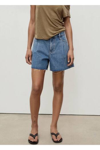 MANGO Woman Tasseled Low Waist Denim Shorts with Pin Detail