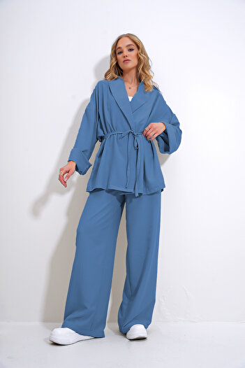 Trend Alaçatı Stili Women's Indigo Blue Wrinkled Look Blazer Jacket Bottom Top Suit Alc-X12433
