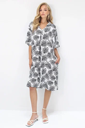 Trend Alaçatı Stili Women's Ecru Polo Neck Short Sleeve Patterned Double Pocket Woven Viscose Dress Alc-X14194