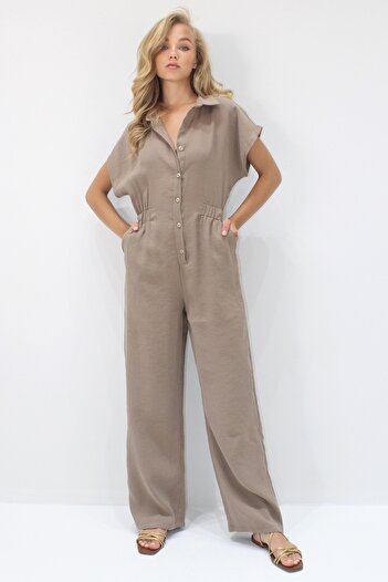 Trend Alaçatı Stili Damen-Overall aus Milchkaffee-Stoff mit Hemdkragen und Knöpfen, Doppeltaschen, Tensel-Stoff, ALC-X14211