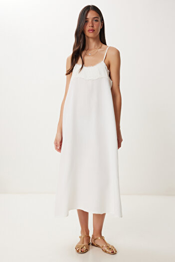 Happiness İstanbul Women's Ecru Tassel Strap Summer Muslin Dress Bv00152