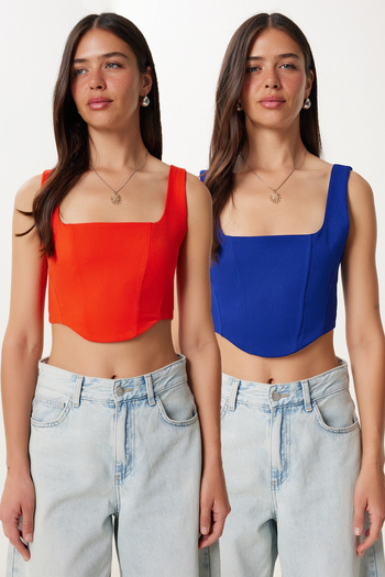 Happiness İstanbul Orange-dunkelblaue zweiteilige gewebte Crop-Bluse mit Trägern für Damen MX00220