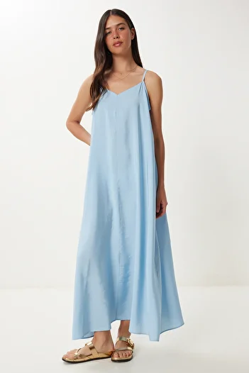 Happiness İstanbul Rochie de bază modal de vară cu bretele albastru cer pentru femei FN03474