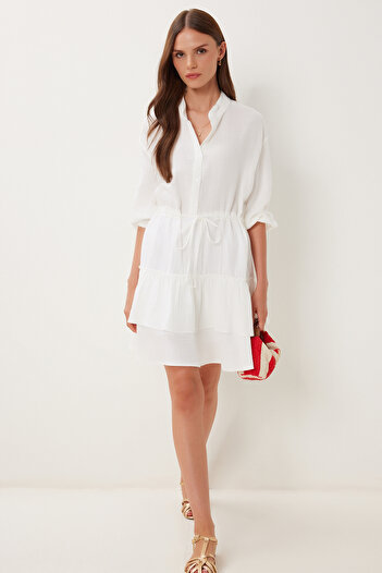 Happiness İstanbul Women's Ecru Flounced Layered Muslin Dress No00022