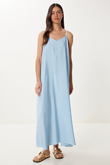 Happiness İstanbul Rochie de bază modal de vară cu bretele albastru cer pentru femei FN03474