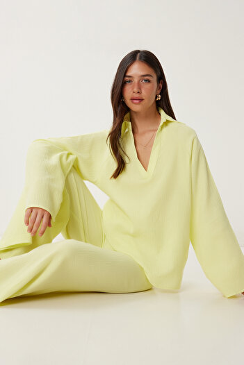 Happiness İstanbul Women's Yellow Muslin Blouse Pants Set Fn03470